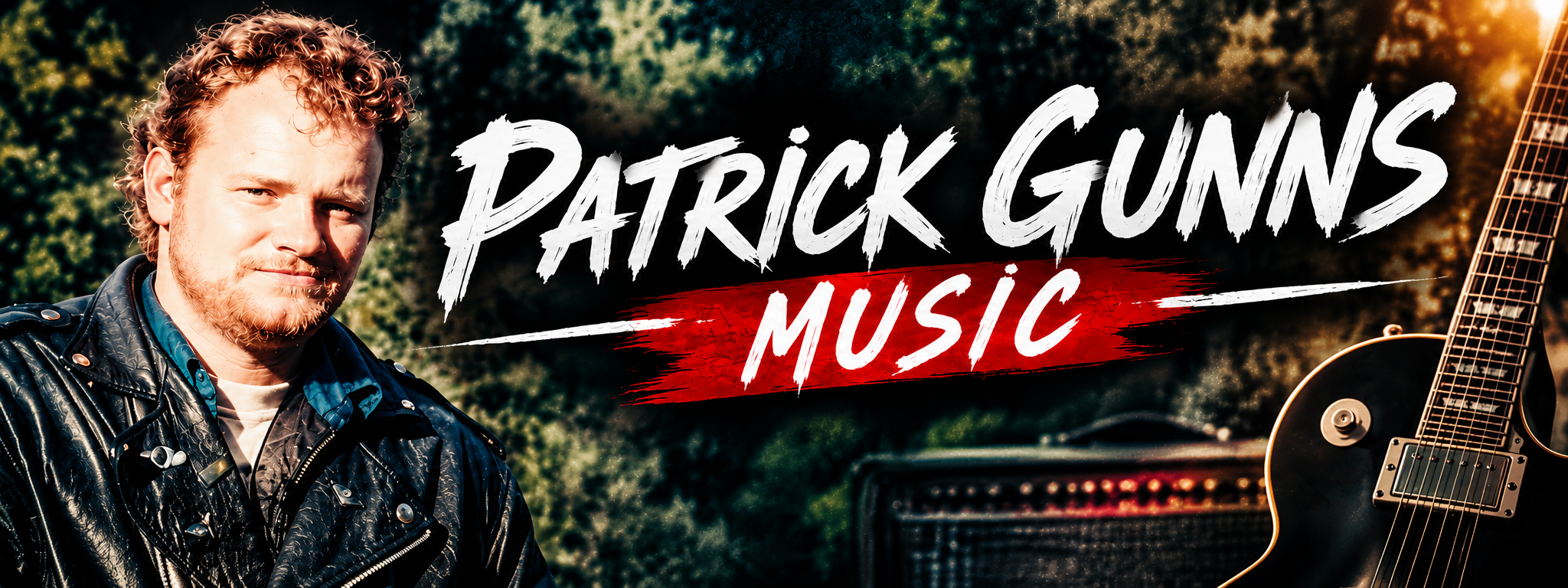 Patrick Gunns Music banner featuring Patrick, electric guitar and amplifier